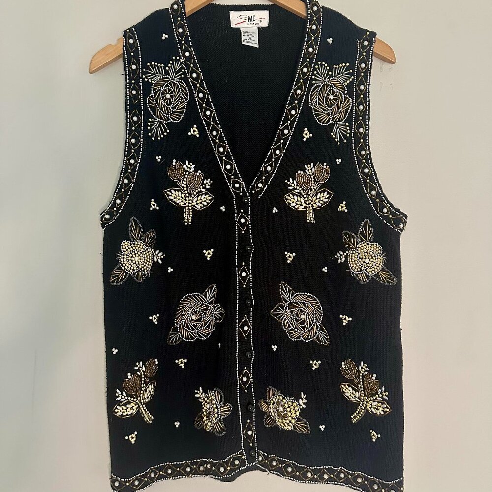 Vintage Beaded Button Front Holiday Sweater Vest Grandmacore 90s - Small